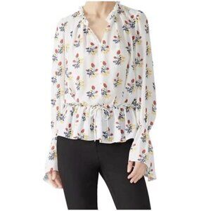 Derek Lam Floral Ruffle Silky Blouse top 1X White Red long sleeves